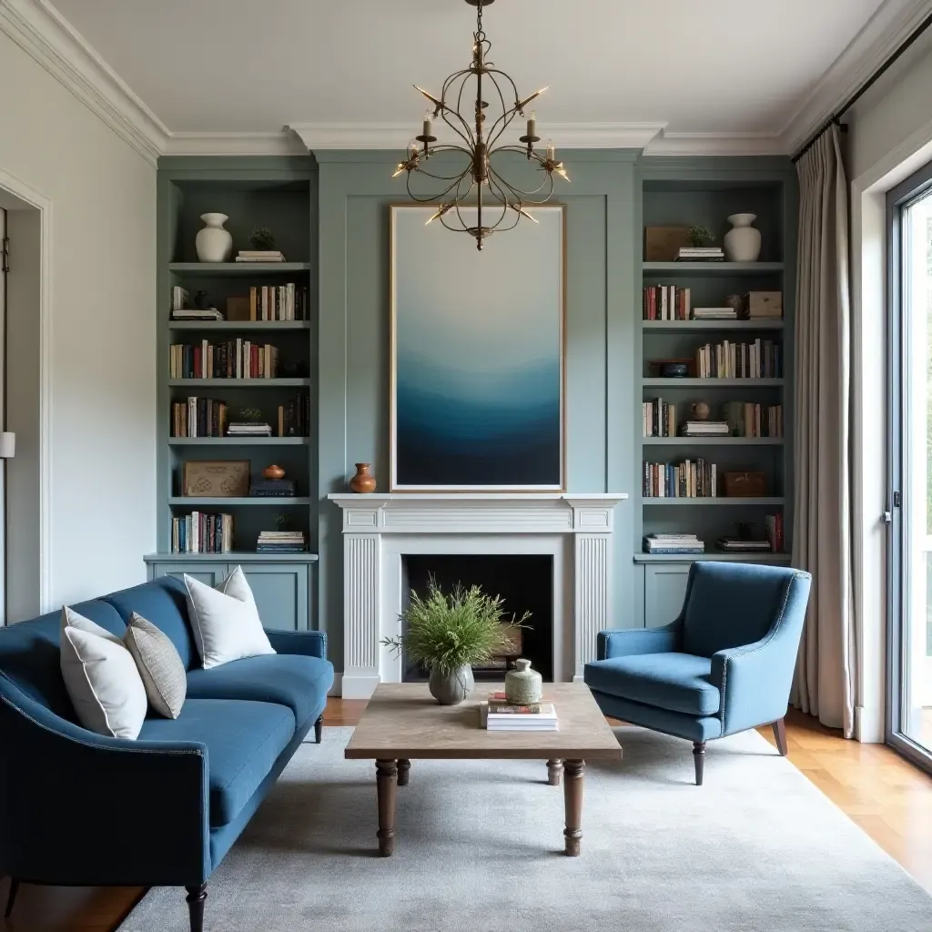 a photo of a home library with a Mediterranean color palette of blues and whites