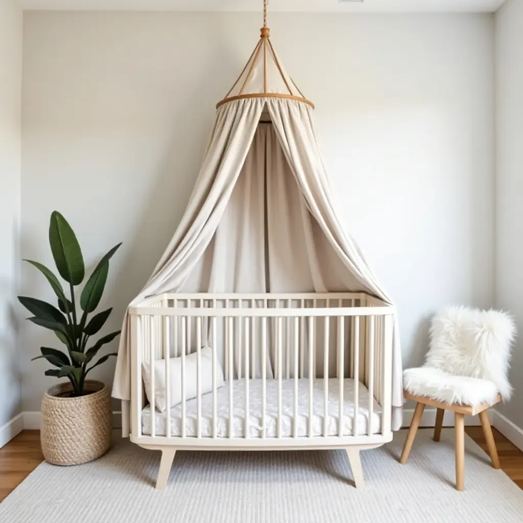 a photo of a gender-neutral nursery with a geometric canopy for a crib