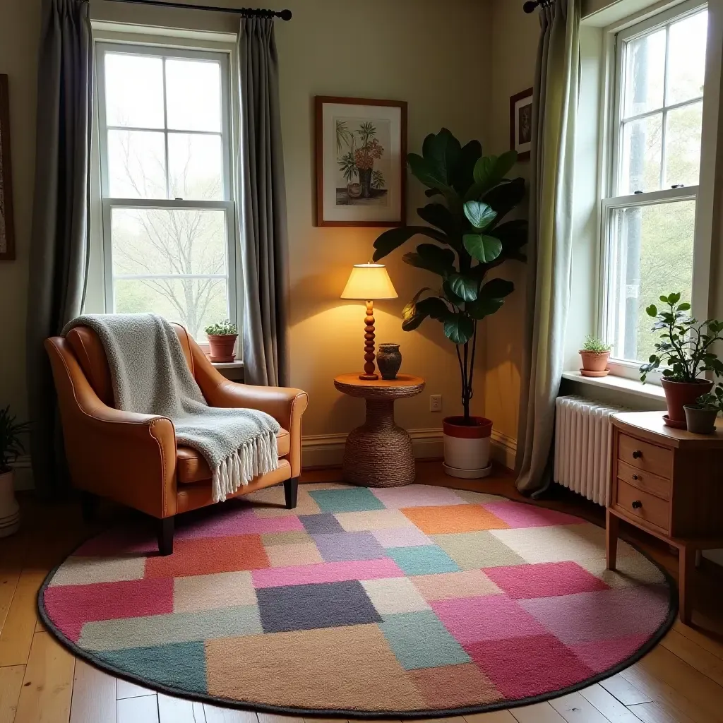 a photo of a colorful patchwork rug in a cozy reading nook