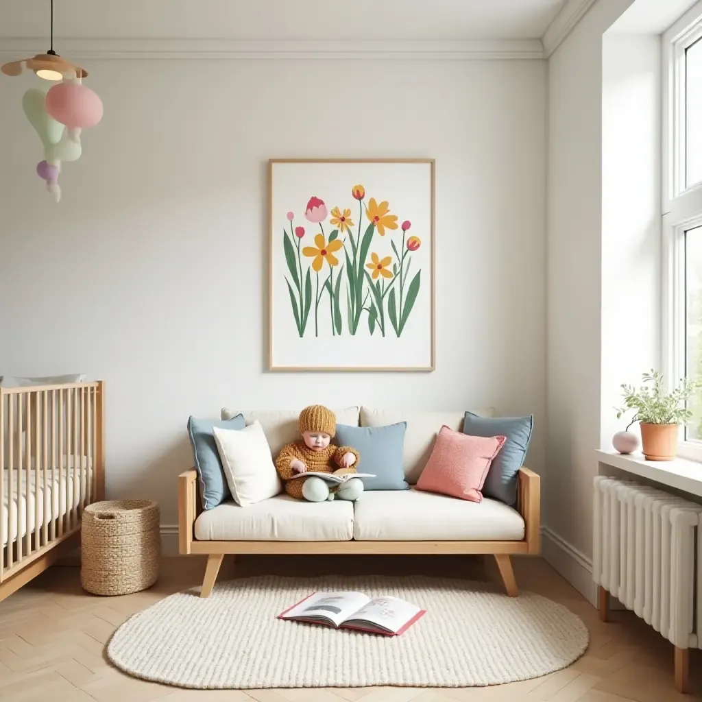 a photo of a bright and cheerful reading nook with colorful artwork in a nursery