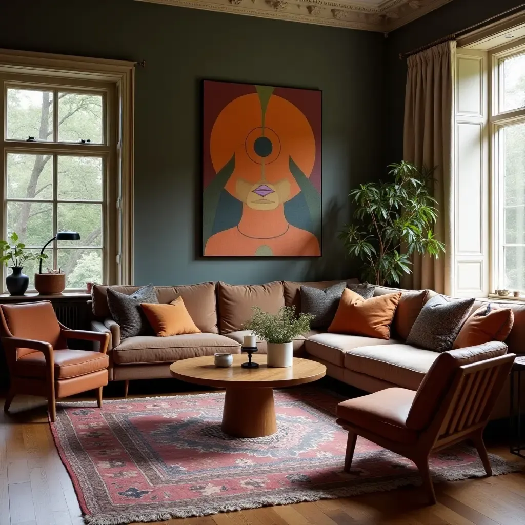 a photo of a bohemian living room with velvet textiles, wood furniture, and leather accents