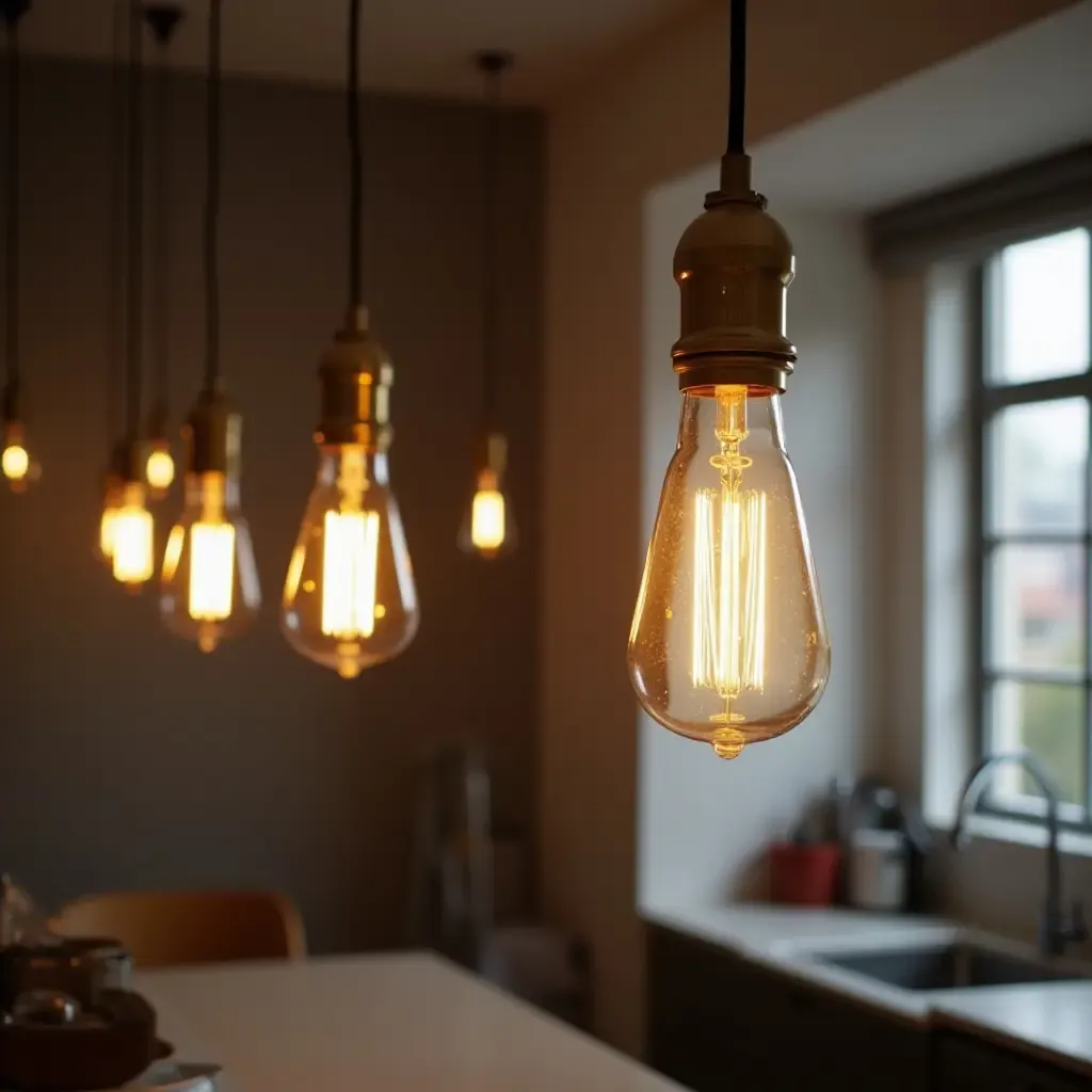 a photo of pendant lights with Edison bulbs in a trendy kitchen