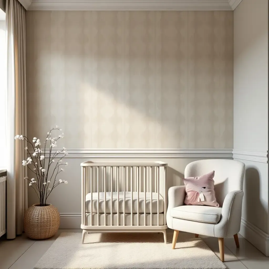 a photo of a chic nursery featuring elegant wallpaper and soft lighting