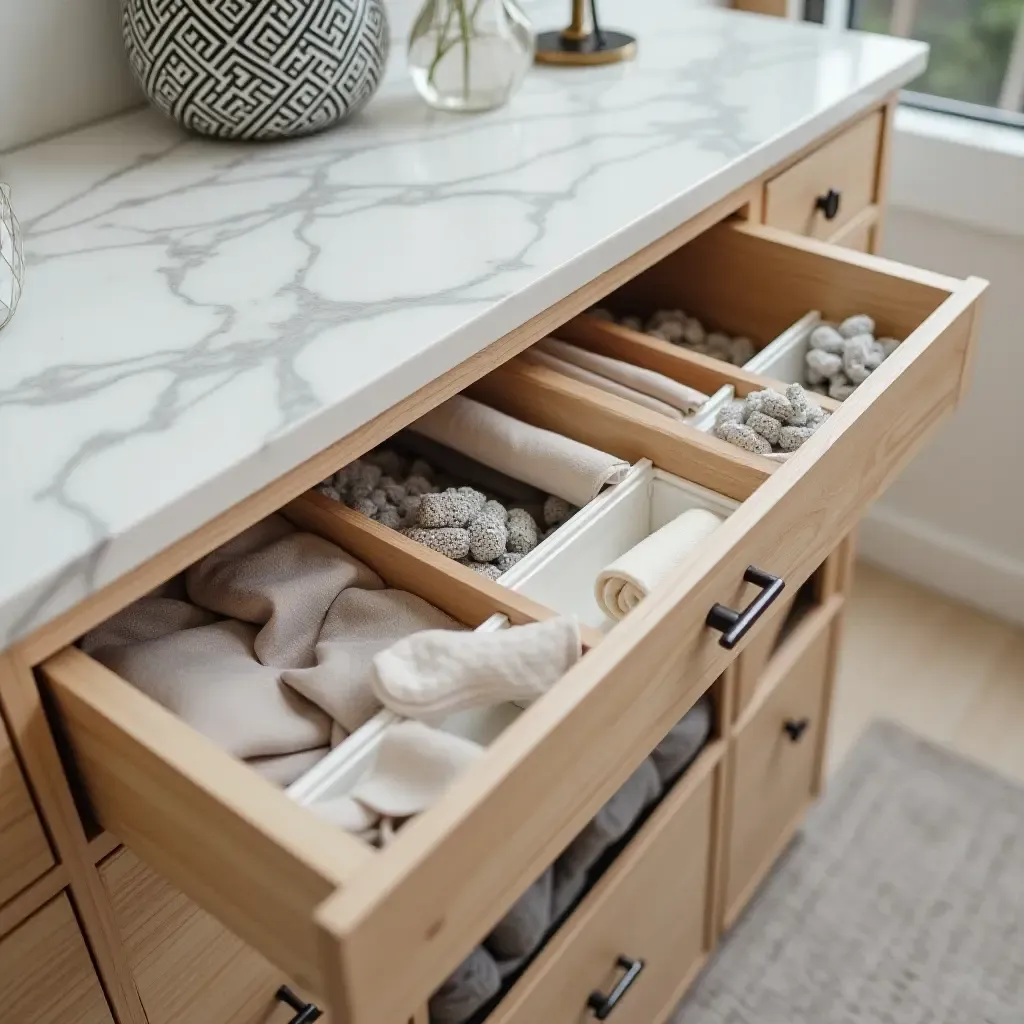 a photo of a stylish dresser with creative drawer organizers