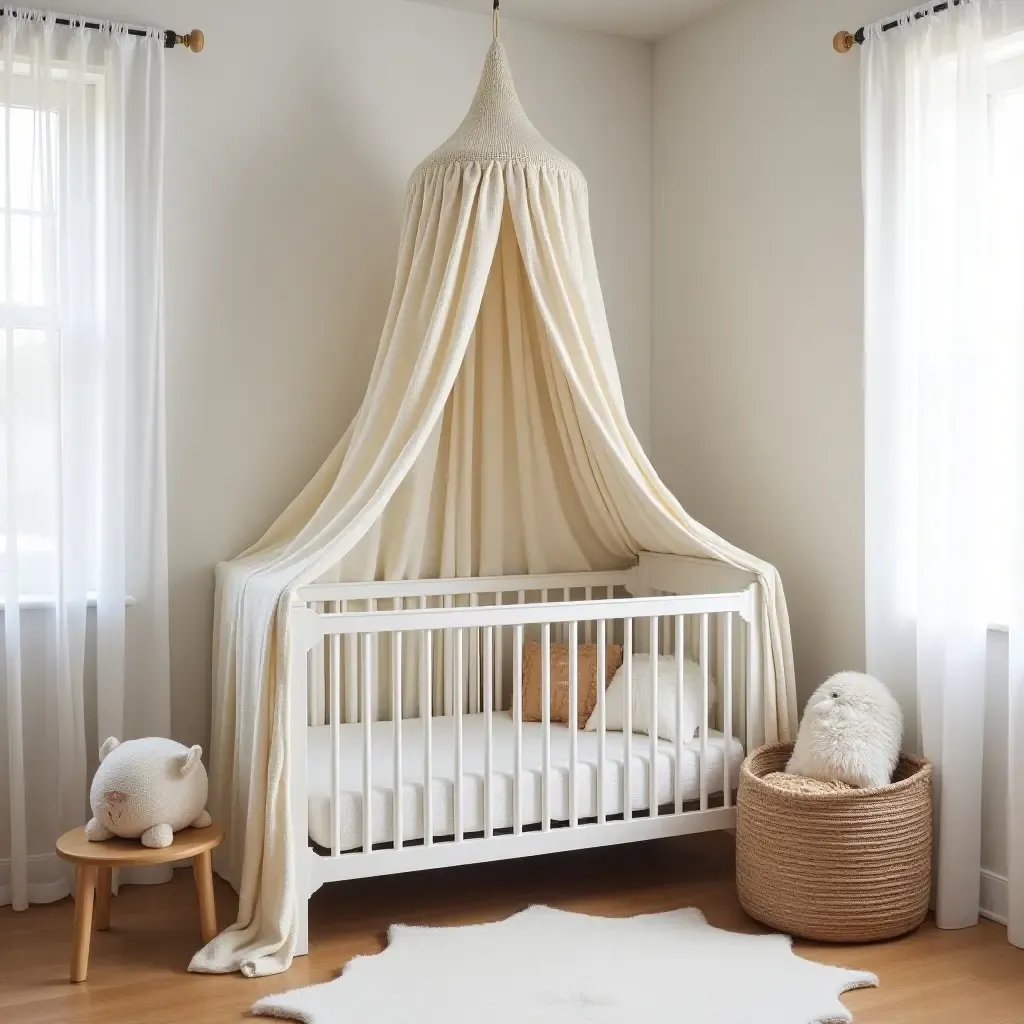 a photo of a cozy corner nursery with a knitted canopy above a crib