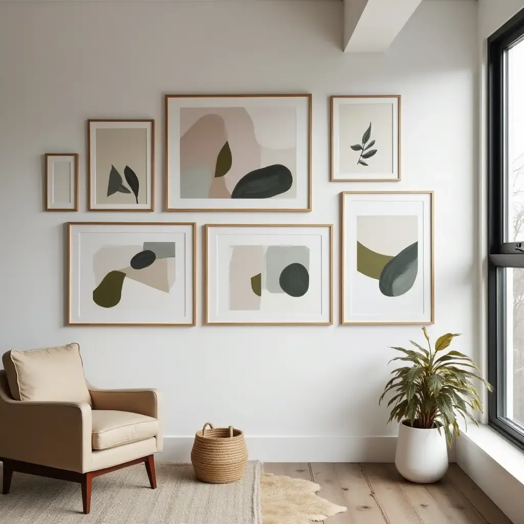 a photo of a basement gallery wall with abstract art and modern frames