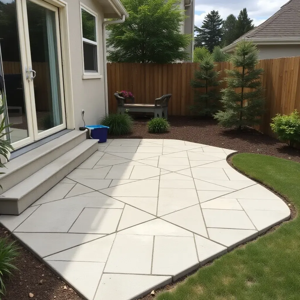 a photo of a pet-friendly concrete patio with durable surfaces and play zones