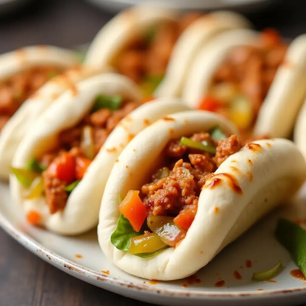 a photo of a platter of vegetarian bao buns filled with spiced jackfruit and pickled vegetables.