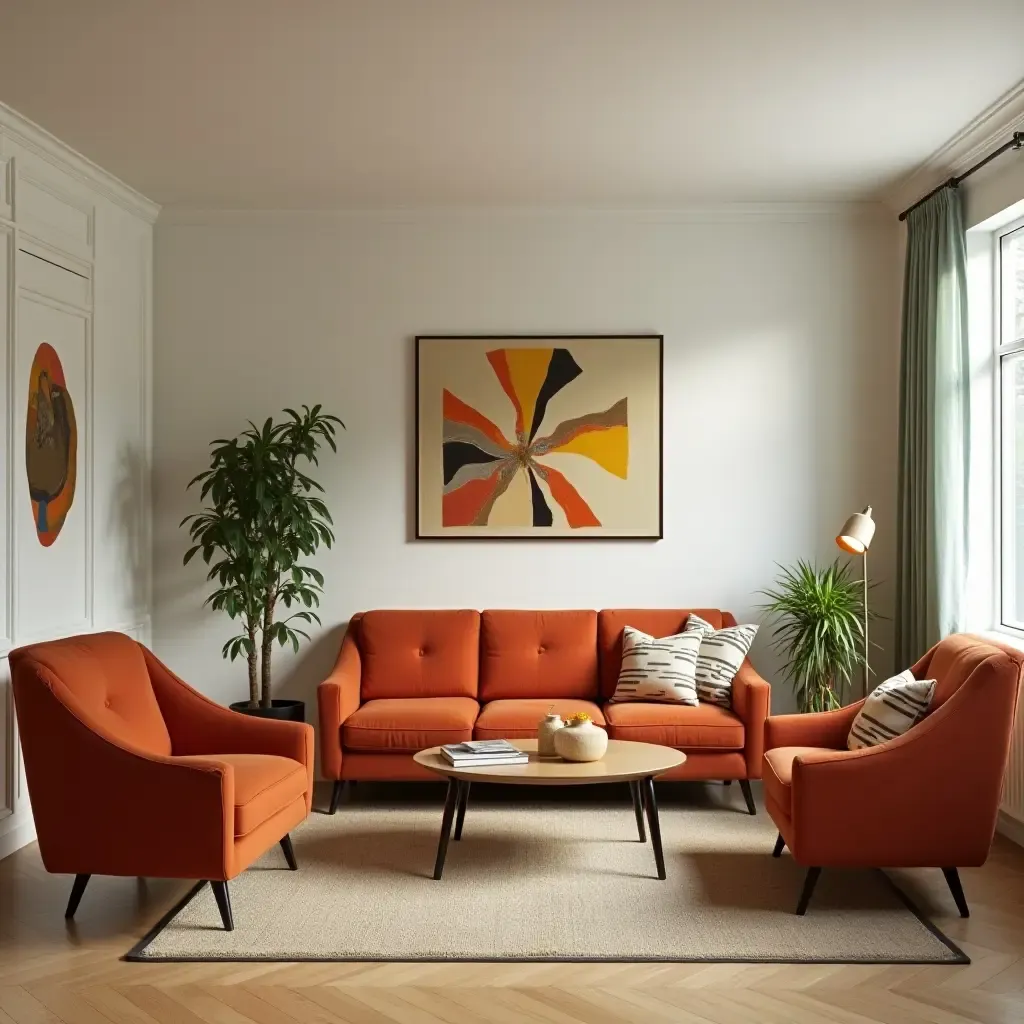 a photo of a vintage-inspired living room with retro furniture and accessories