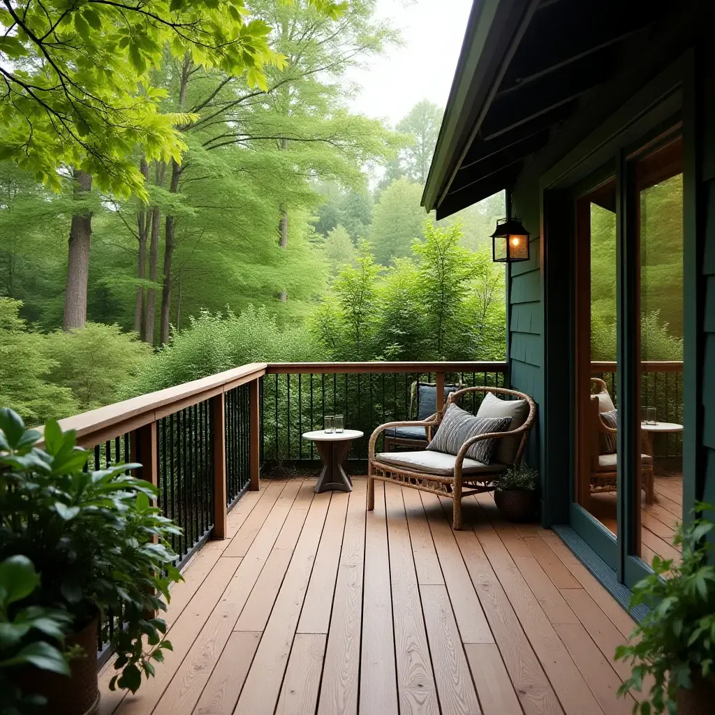 a photo of a balcony with a wooden deck surrounded by greenery