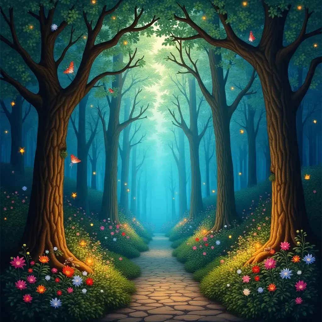 a photo of a magical enchanted forest mural