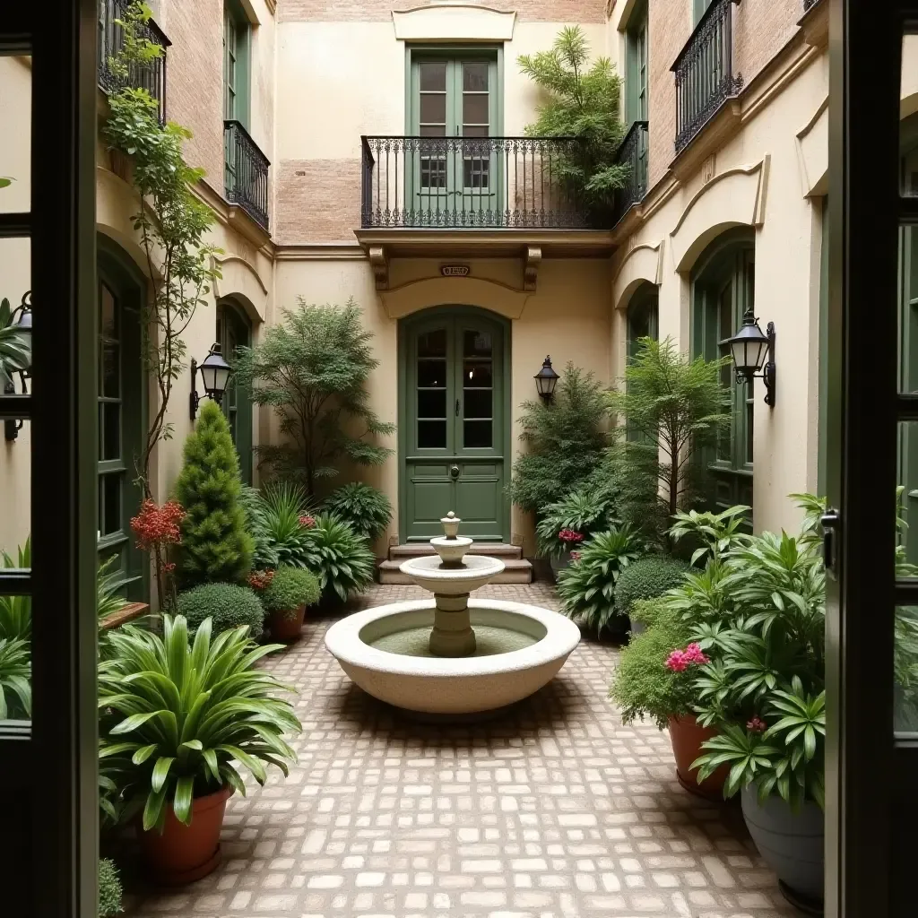 a photo of a vintage-inspired balcony with a small fountain and greenery