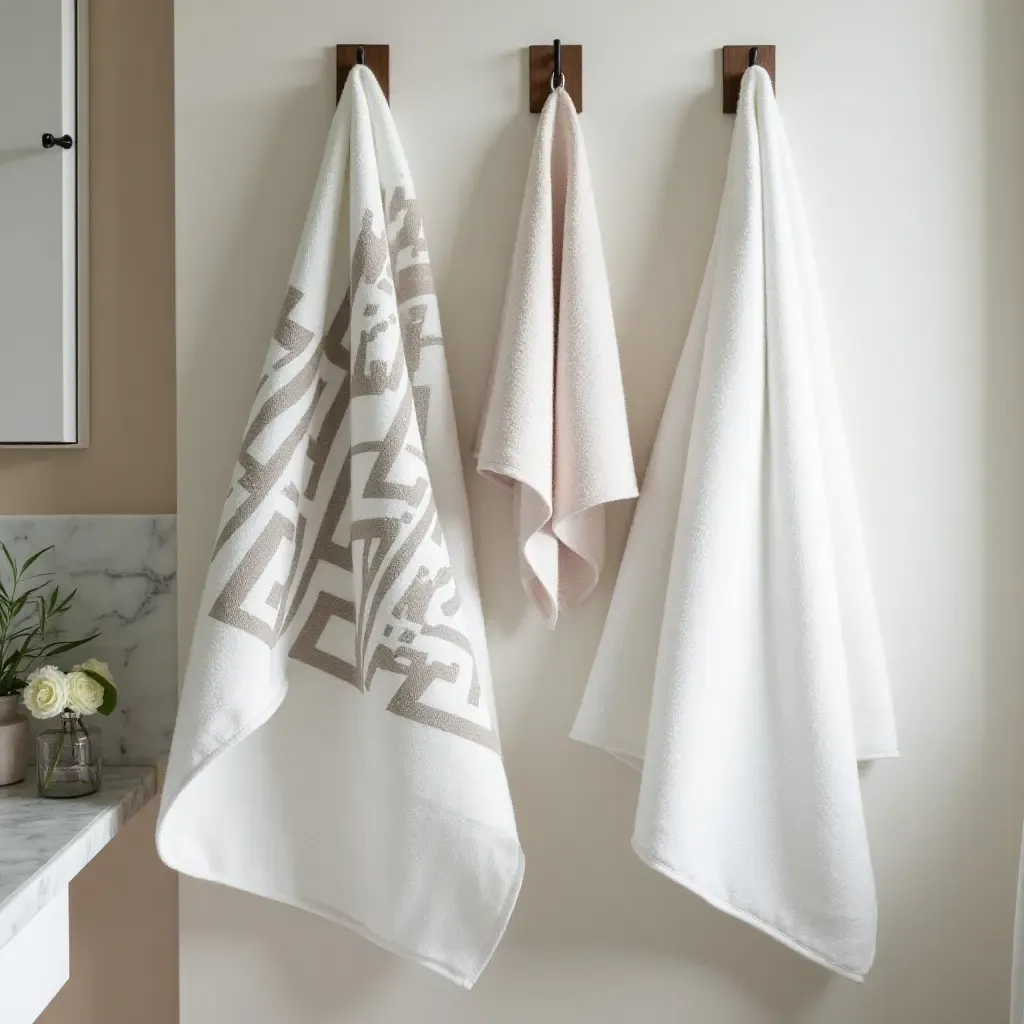 a photo of towels with geometric designs in a contemporary bathroom