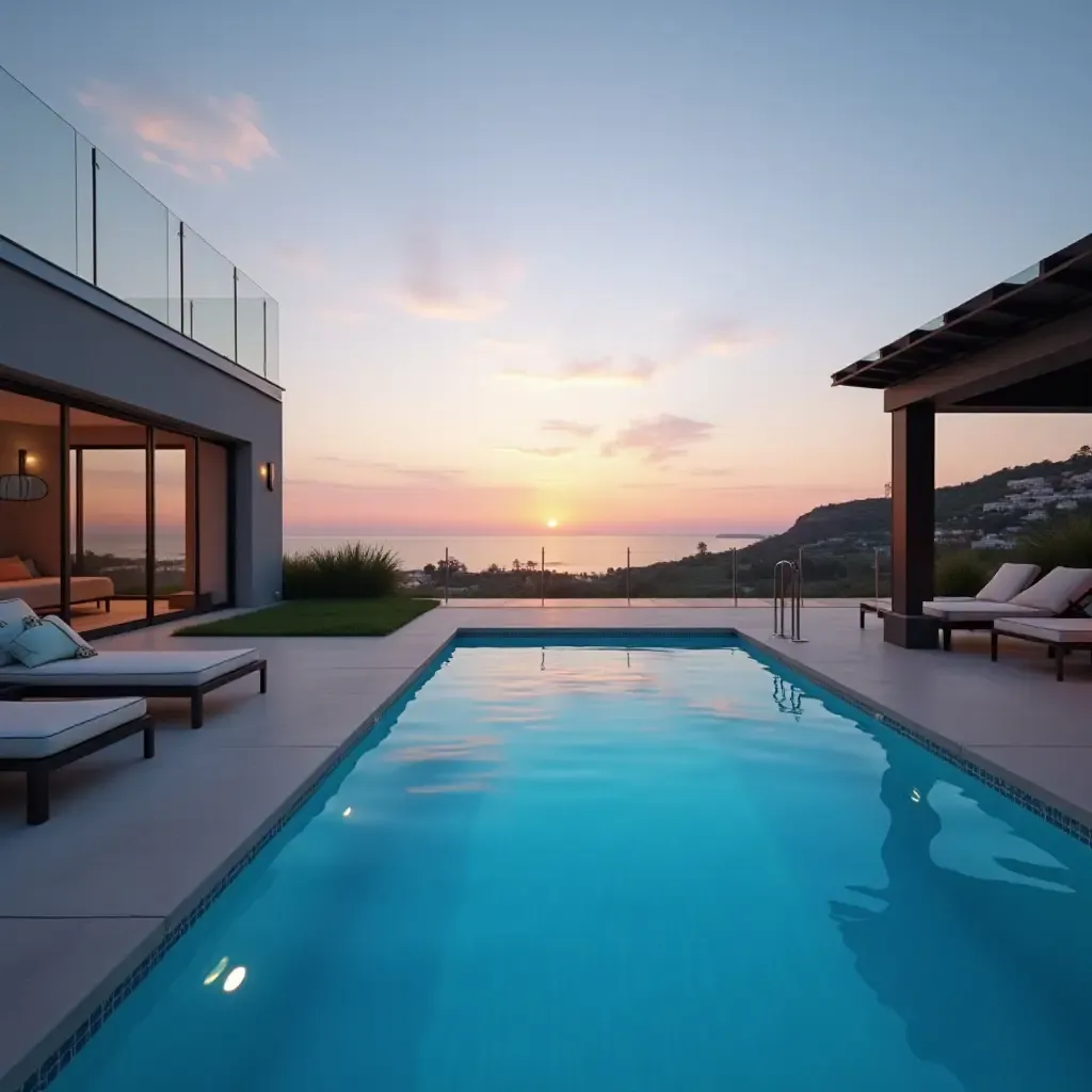 a photo of a stylish pool with a glass railing and sunset view