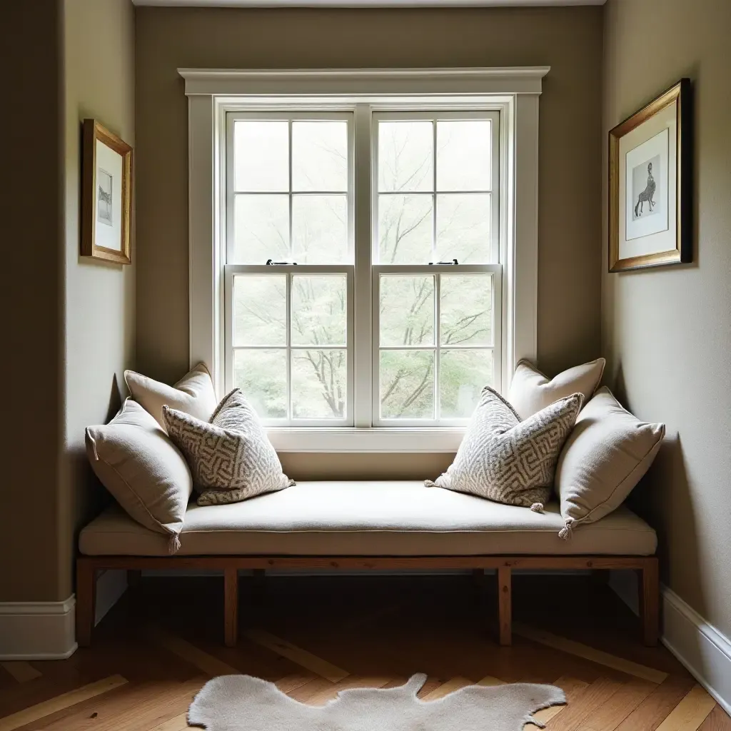 a photo of a reading nook with a rustic wooden bench and pillows