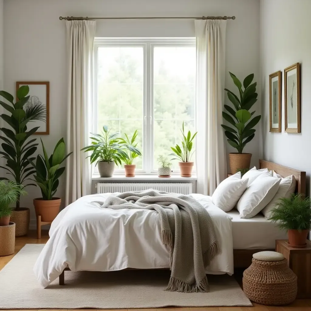 a photo of a farmhouse bedroom adorned with potted plants and greenery