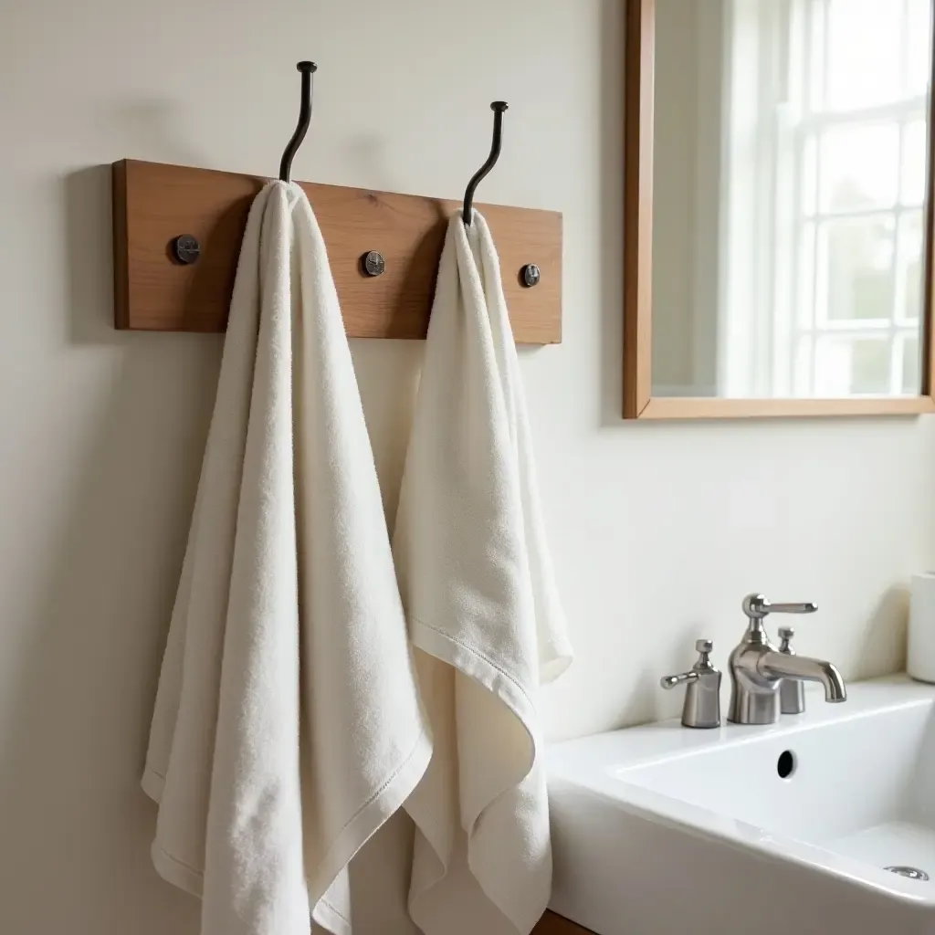 a photo of a wooden wall panel with hooks for towels in a bathroom