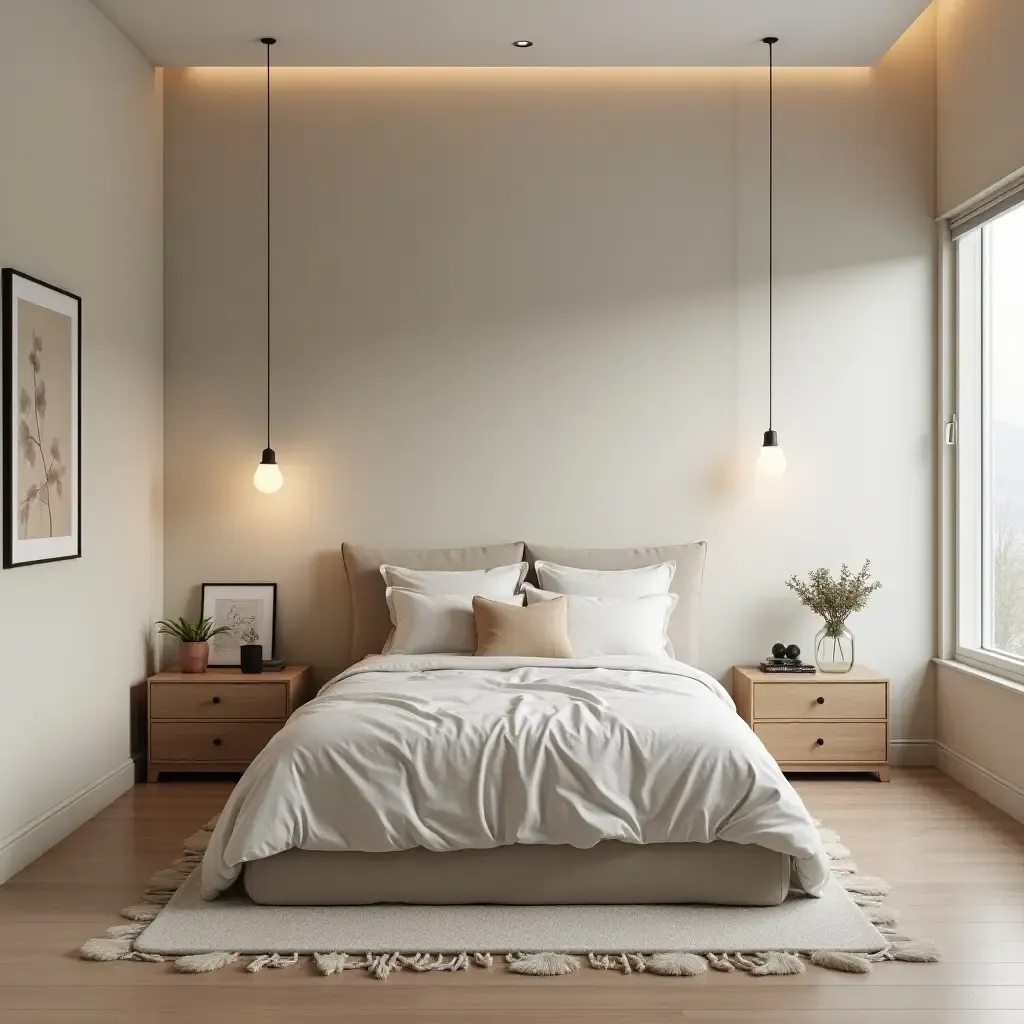 a photo of a minimalist teen bedroom with sleek furniture and neutral tones