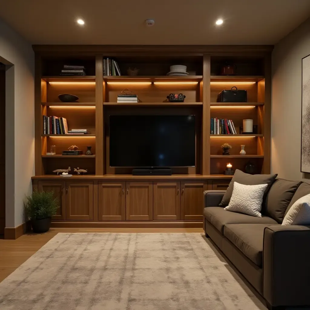 a photo of a basement shelving unit with integrated lighting for ambiance