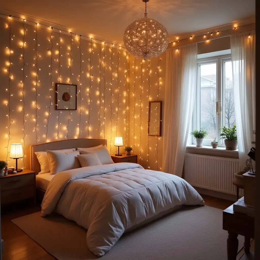 a photo of a magical kids&#x27; bedroom featuring metallic fairy lights