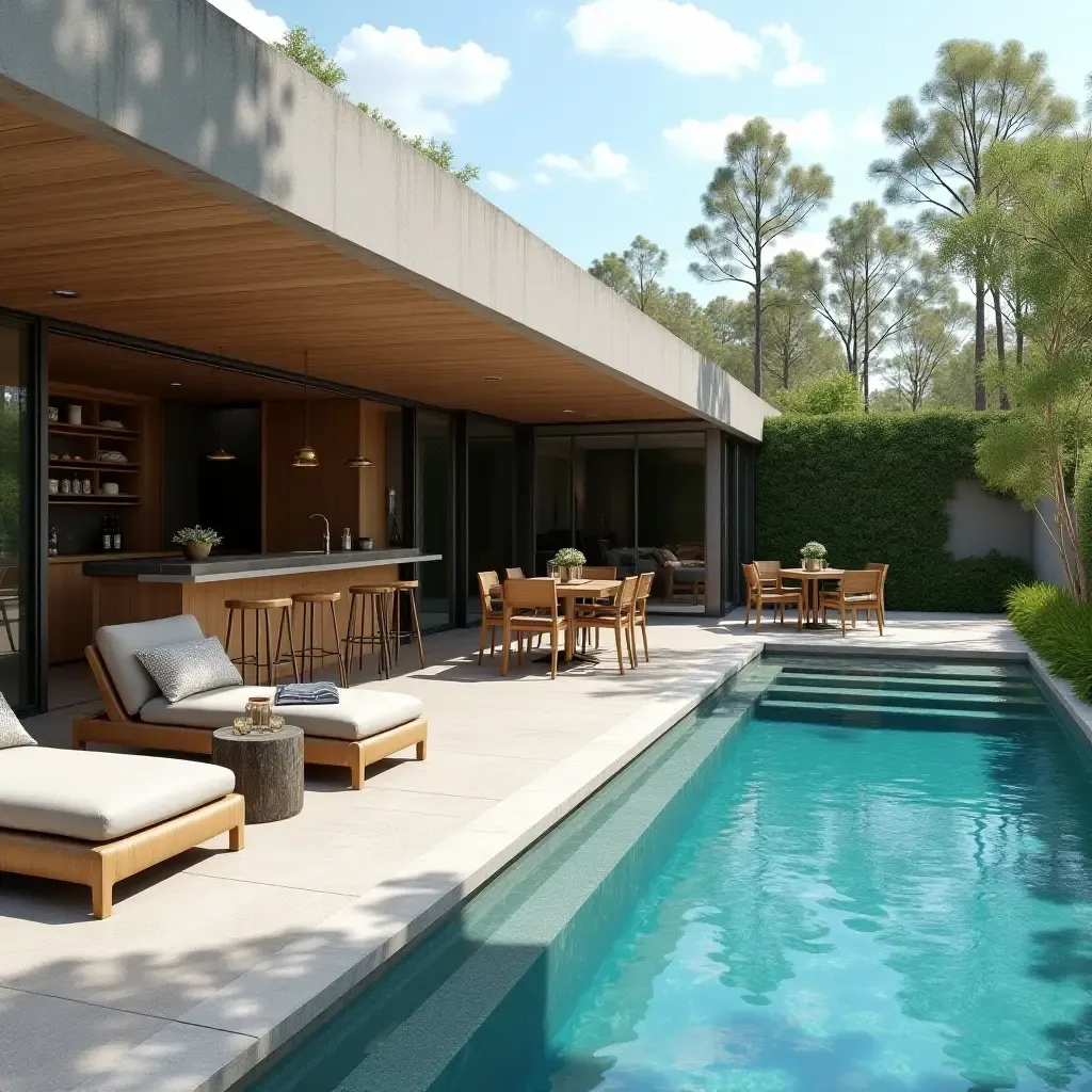 a photo of an outdoor lounge with a bar area next to the pool