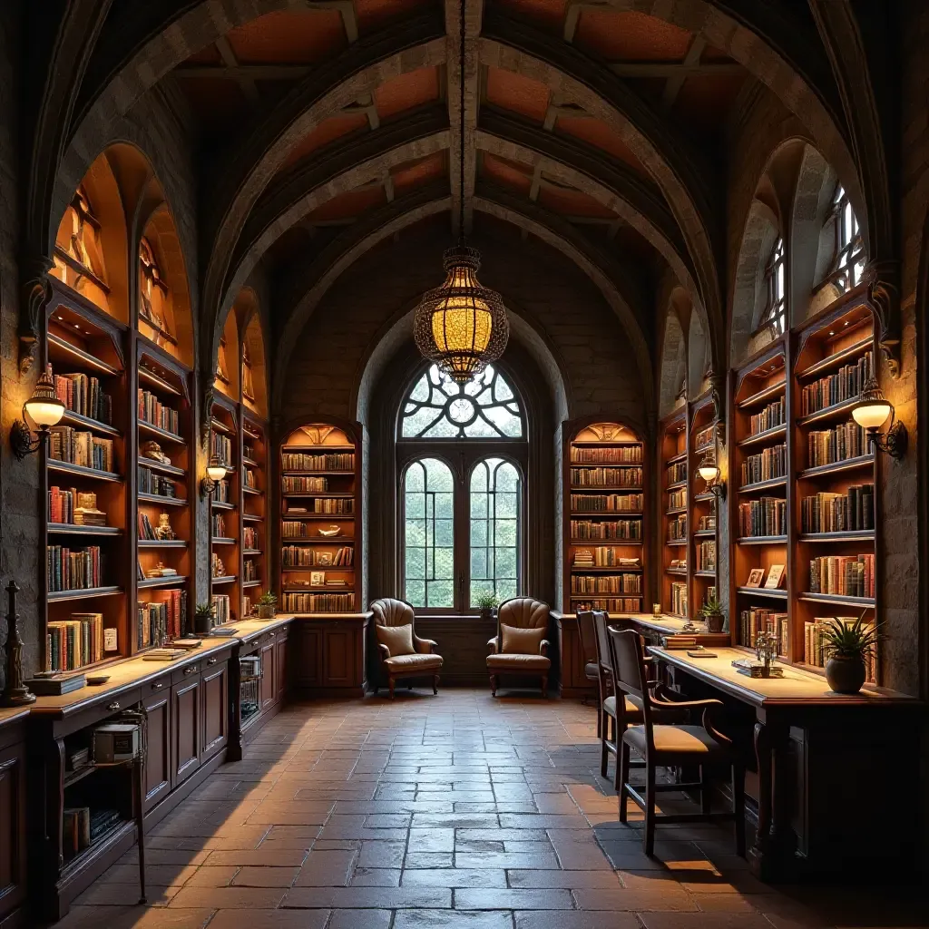 a photo of a fantasy-themed library with enchanted shelving