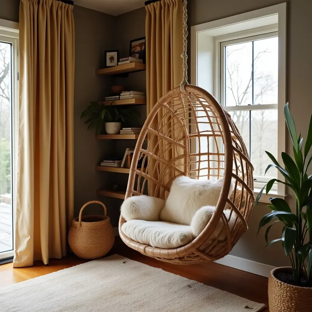 a photo of a reading nook with a whimsical hanging chair