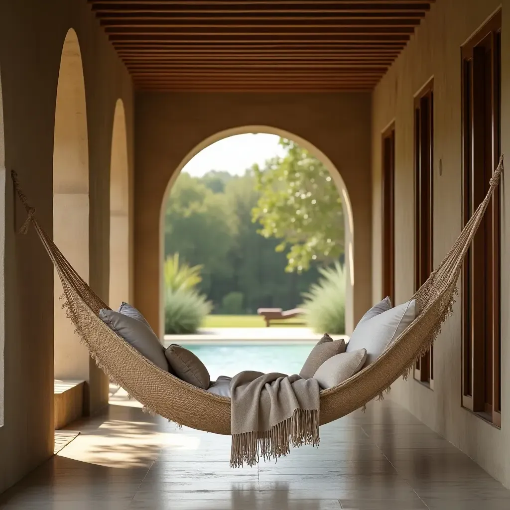 a photo of a serene corridor with a hammock and soft pillows