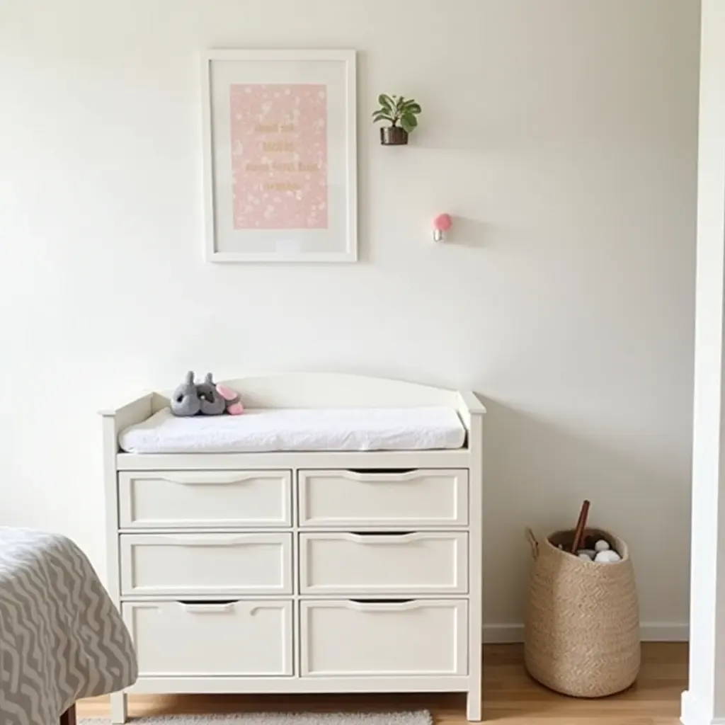 a photo of a functional nursery with a changing table and storage solutions