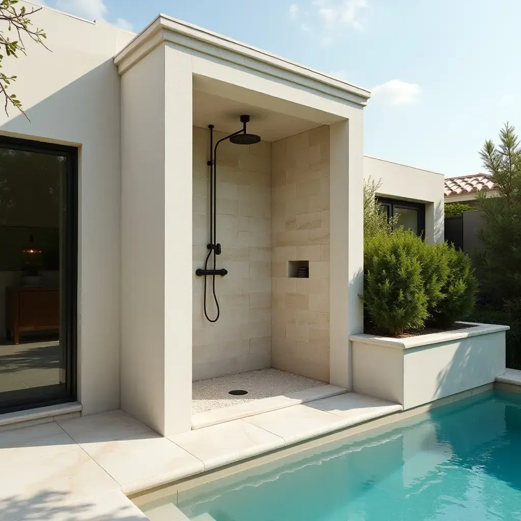 a photo of a stylish outdoor shower by the pool with Mediterranean tiles