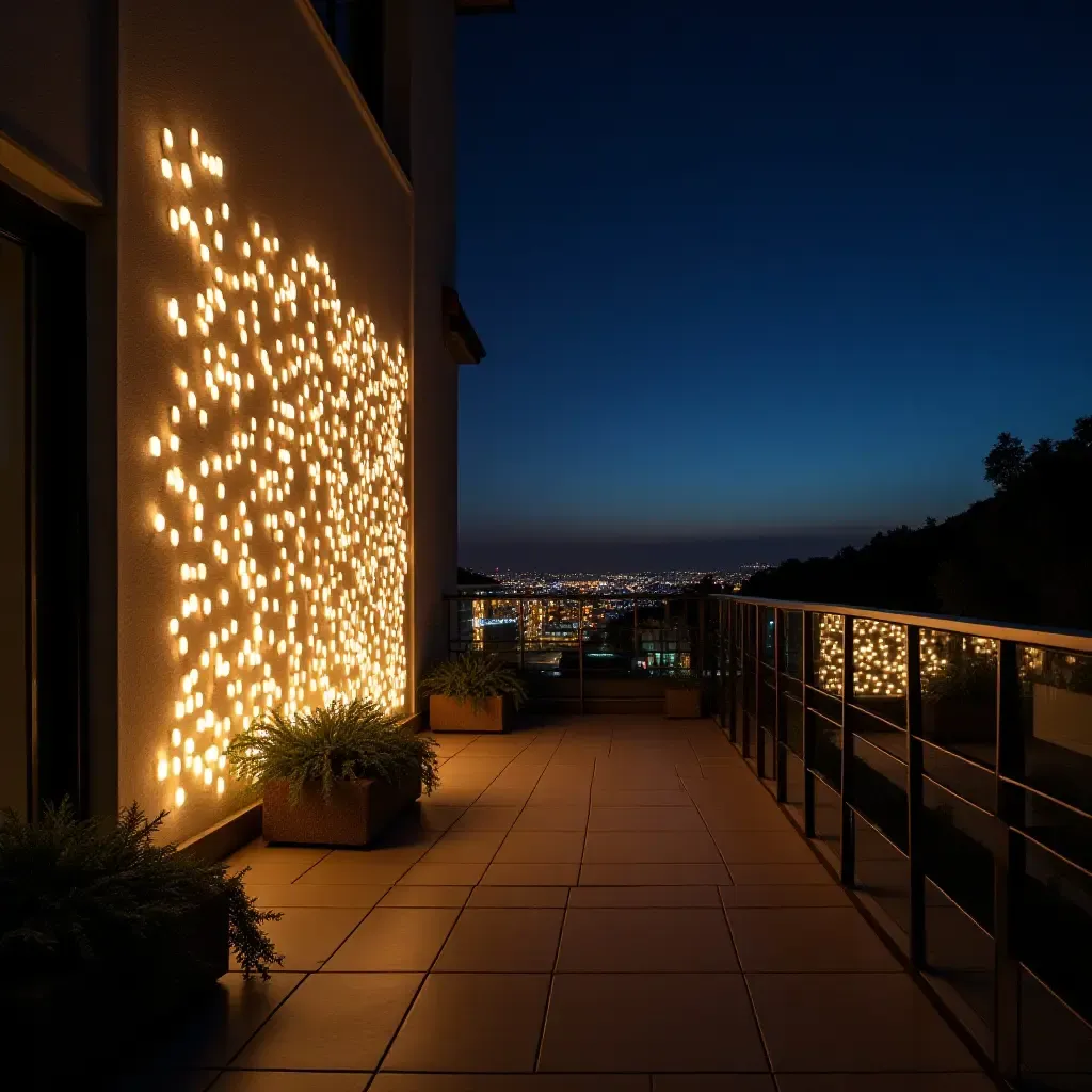 a photo of a balcony with illuminated wall art and ambient lighting