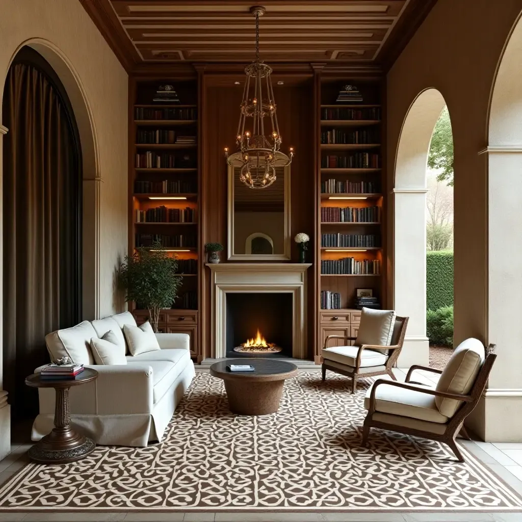 a photo of a home library with decorative Mediterranean tiles and warm ambiance