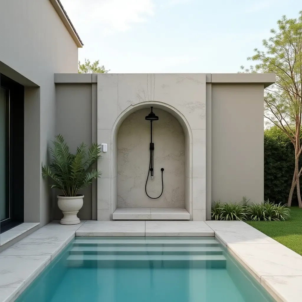 a photo of a minimalist outdoor shower area near the pool with natural stone