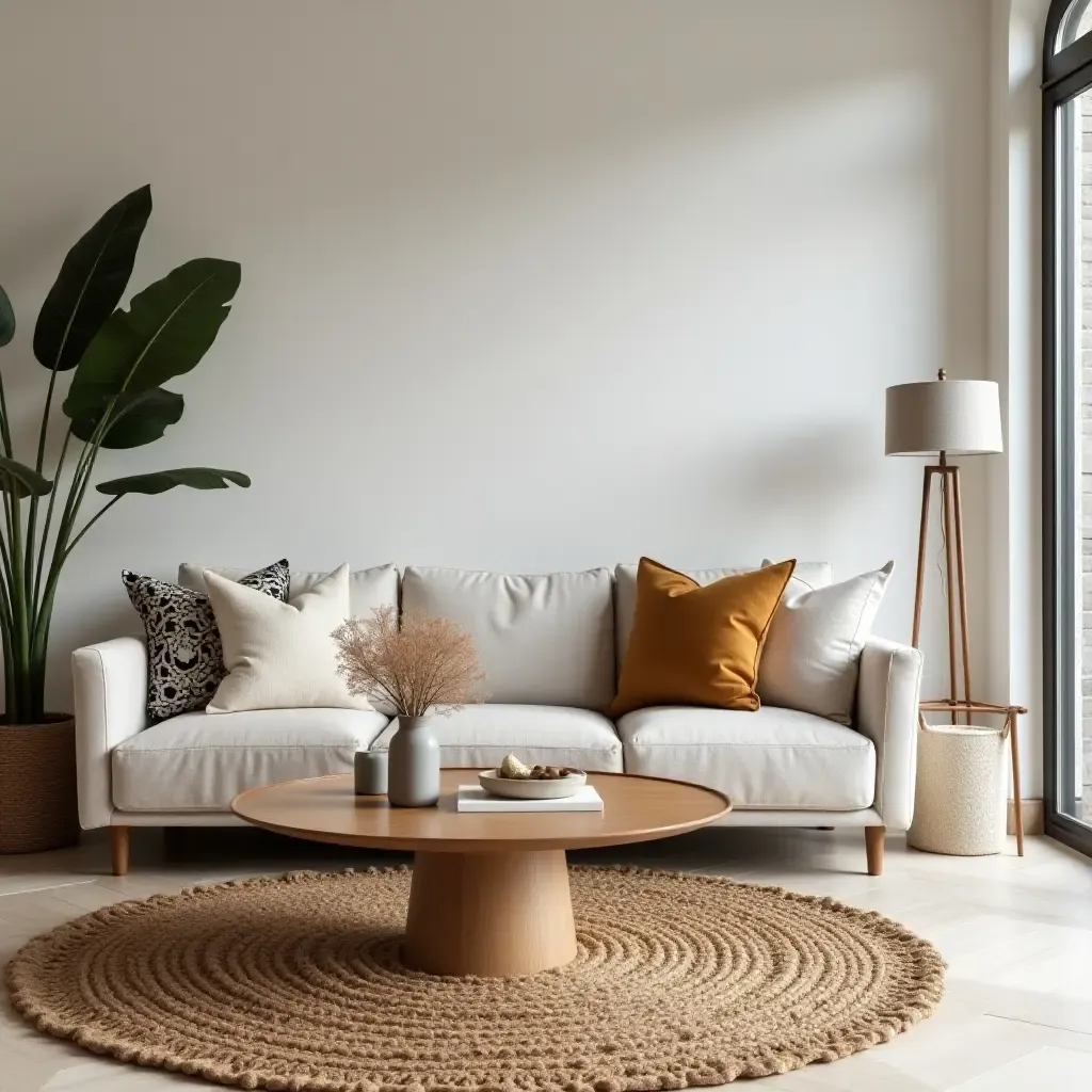 a photo of a chic lounge area with a coffee table and decorative pillows