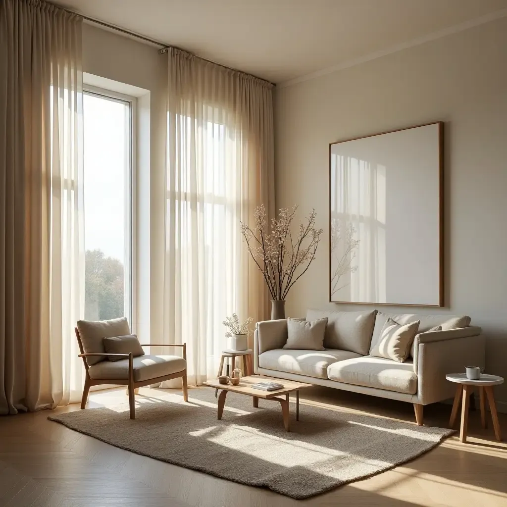 a photo of an open living room with flowing curtains and soft fabrics