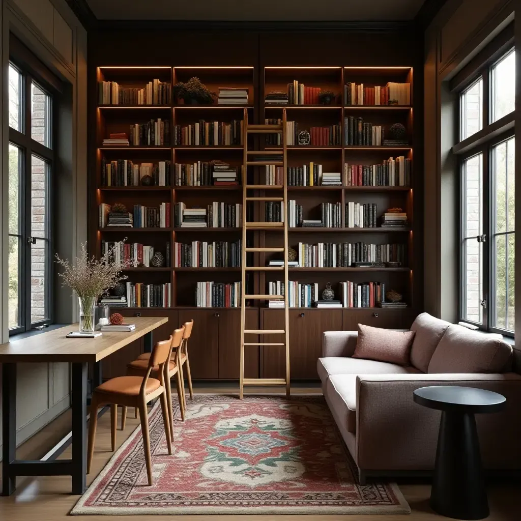 a photo of a small library featuring a ladder for books