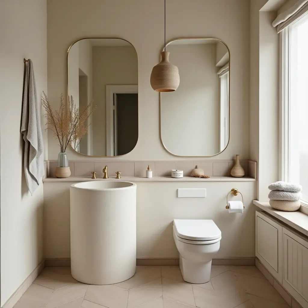 a photo of a bathroom featuring handmade pottery and accessories