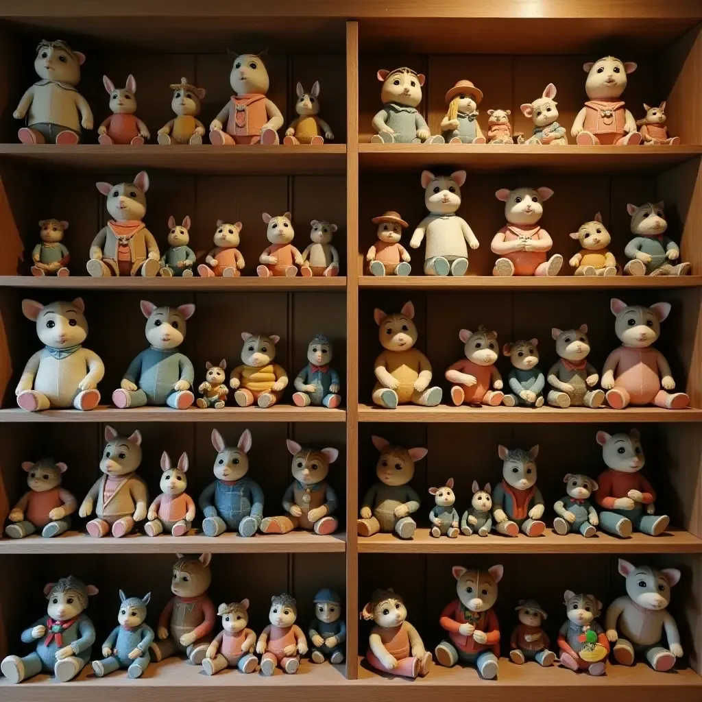 a photo of a charming vintage toy display on shelves