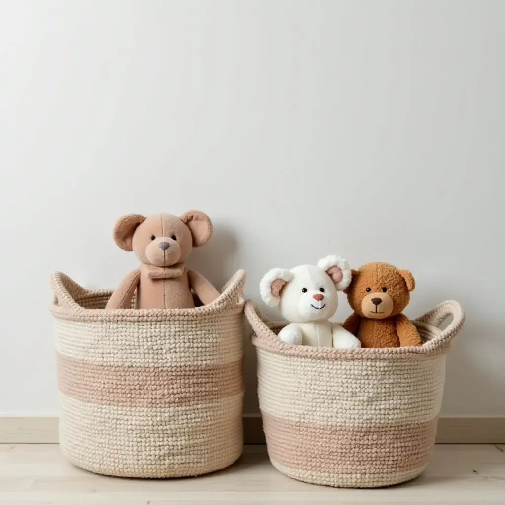 a photo of a nursery with decorative baskets for stuffed animals