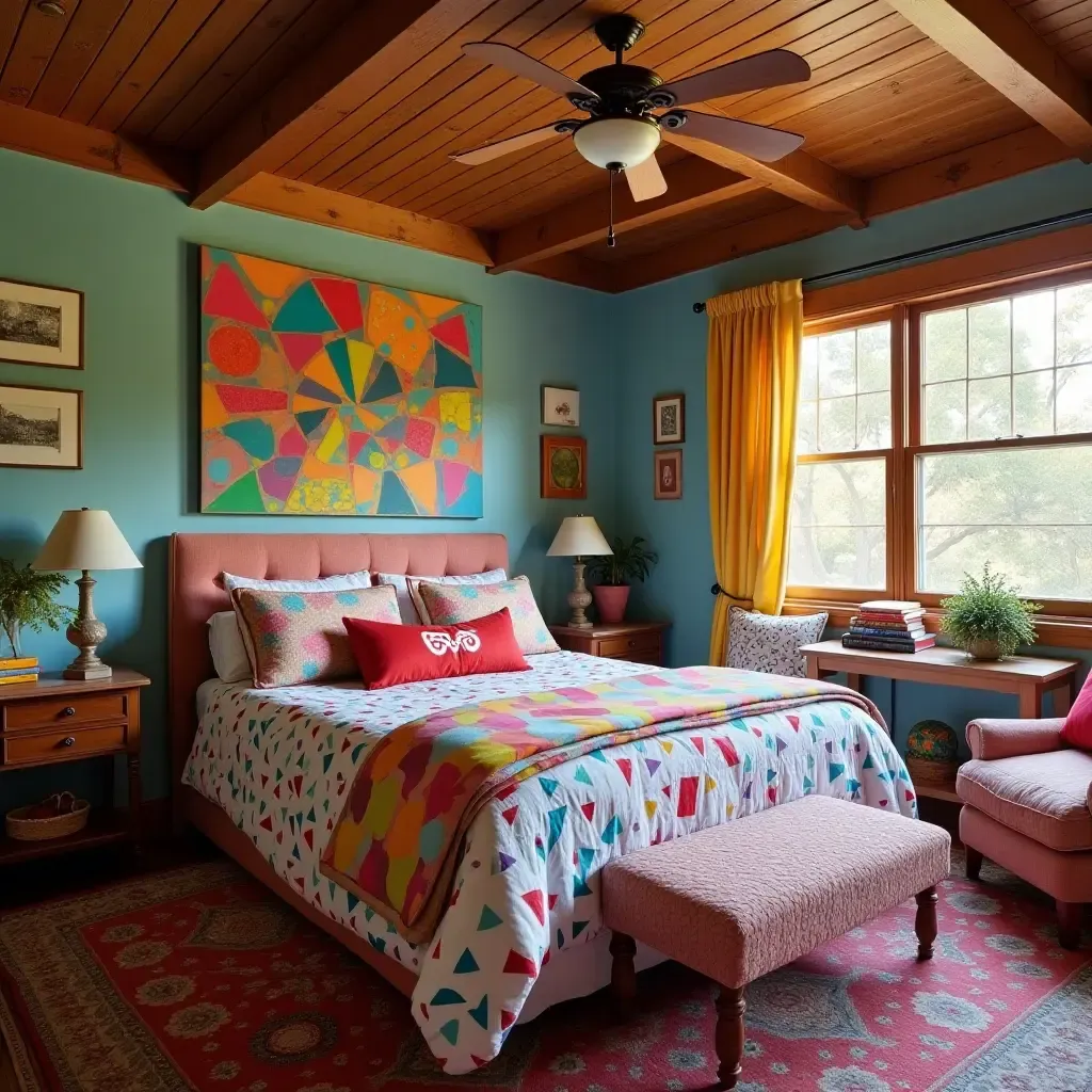 a photo of a vibrant eclectic bedroom filled with unique decor pieces and colors