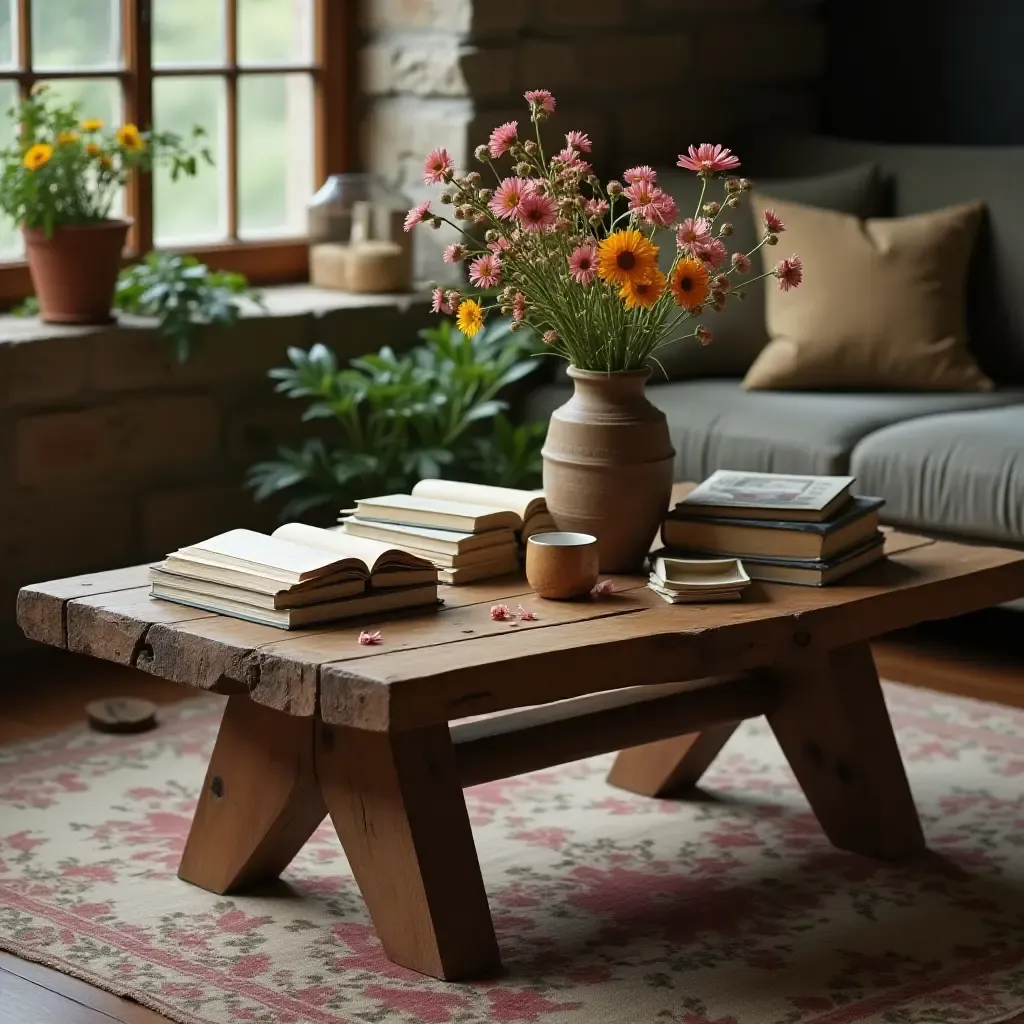 a photo of a rustic coffee table surrounded by books and wildflowers