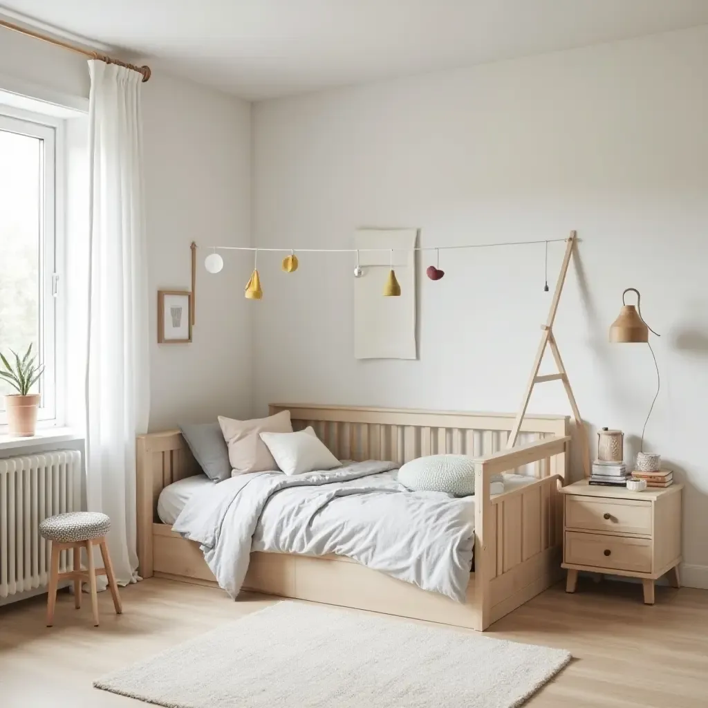 a photo of a modern kids&#x27; bedroom with Scandinavian principles and eco-friendly materials