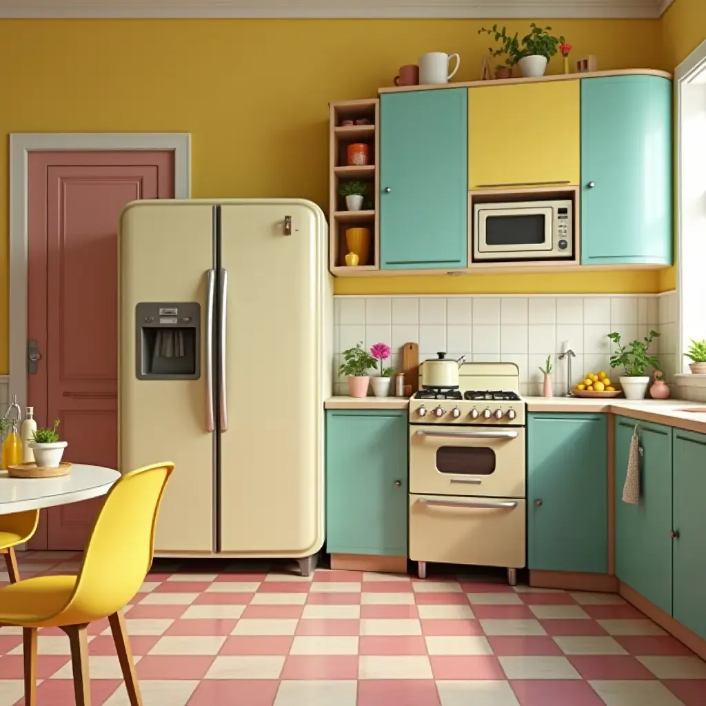 a photo of a retro kitchen with a vintage fridge and colorful appliances