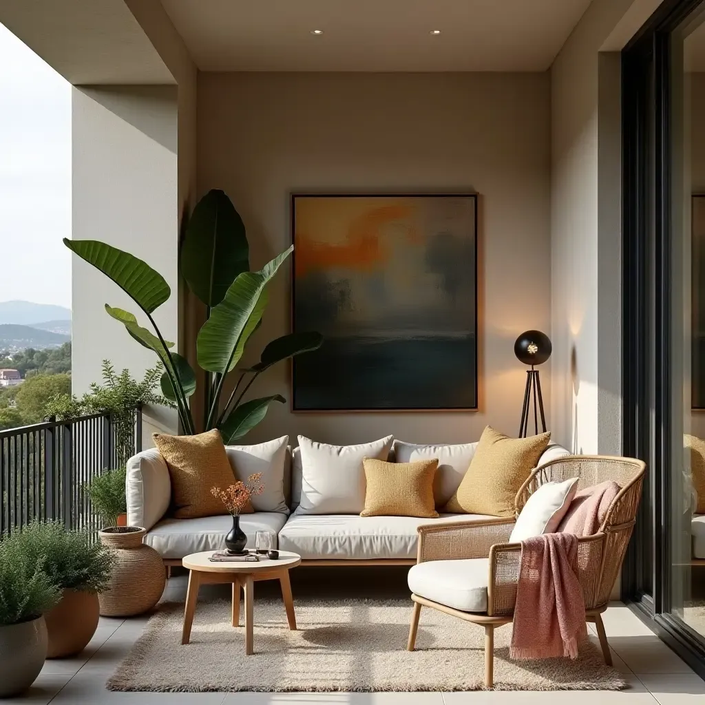 a photo of a chic balcony with a mix of textures and colors in decor