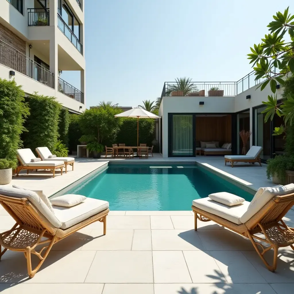 a photo of a bright pool area with Scandinavian-inspired rattan furniture and potted plants