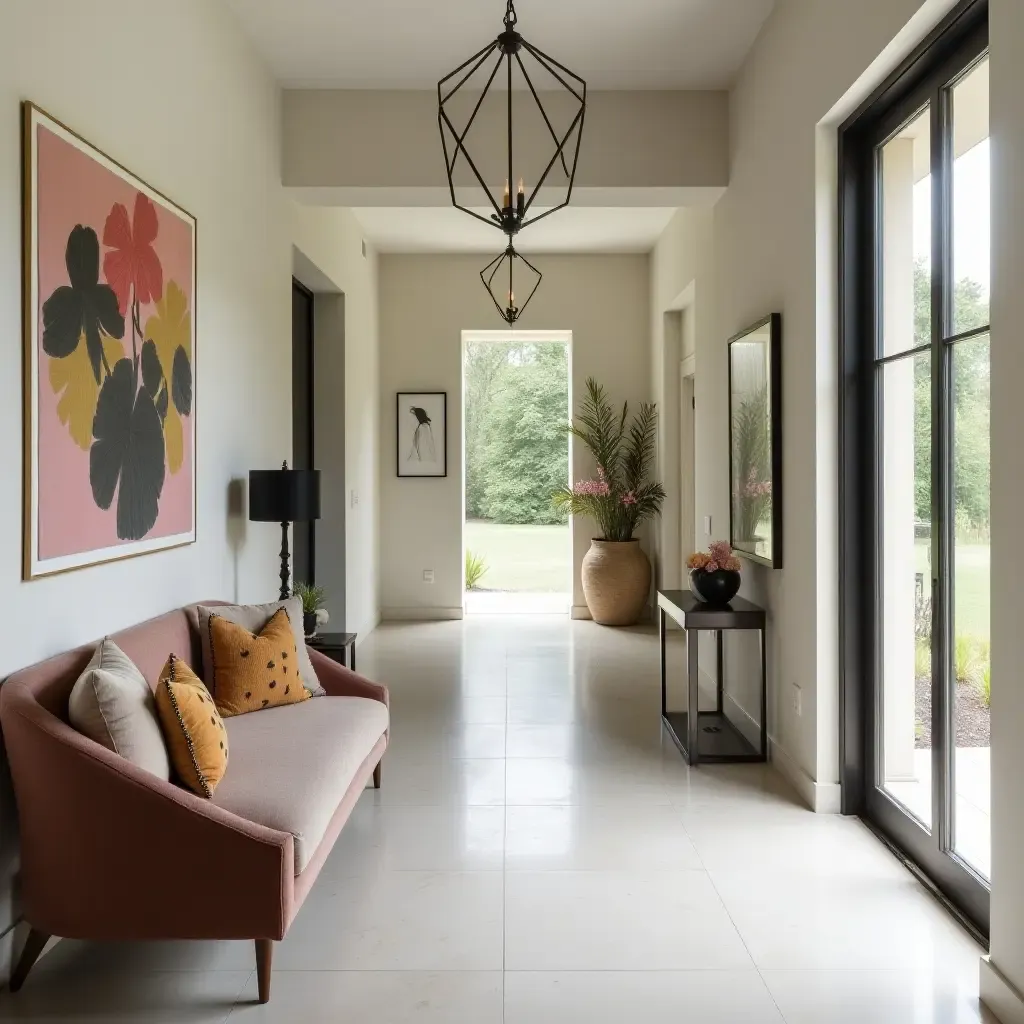 a photo of an entrance hall featuring statement art pieces