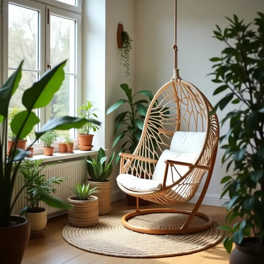 a photo of a relaxing space with a hammock chair and plants