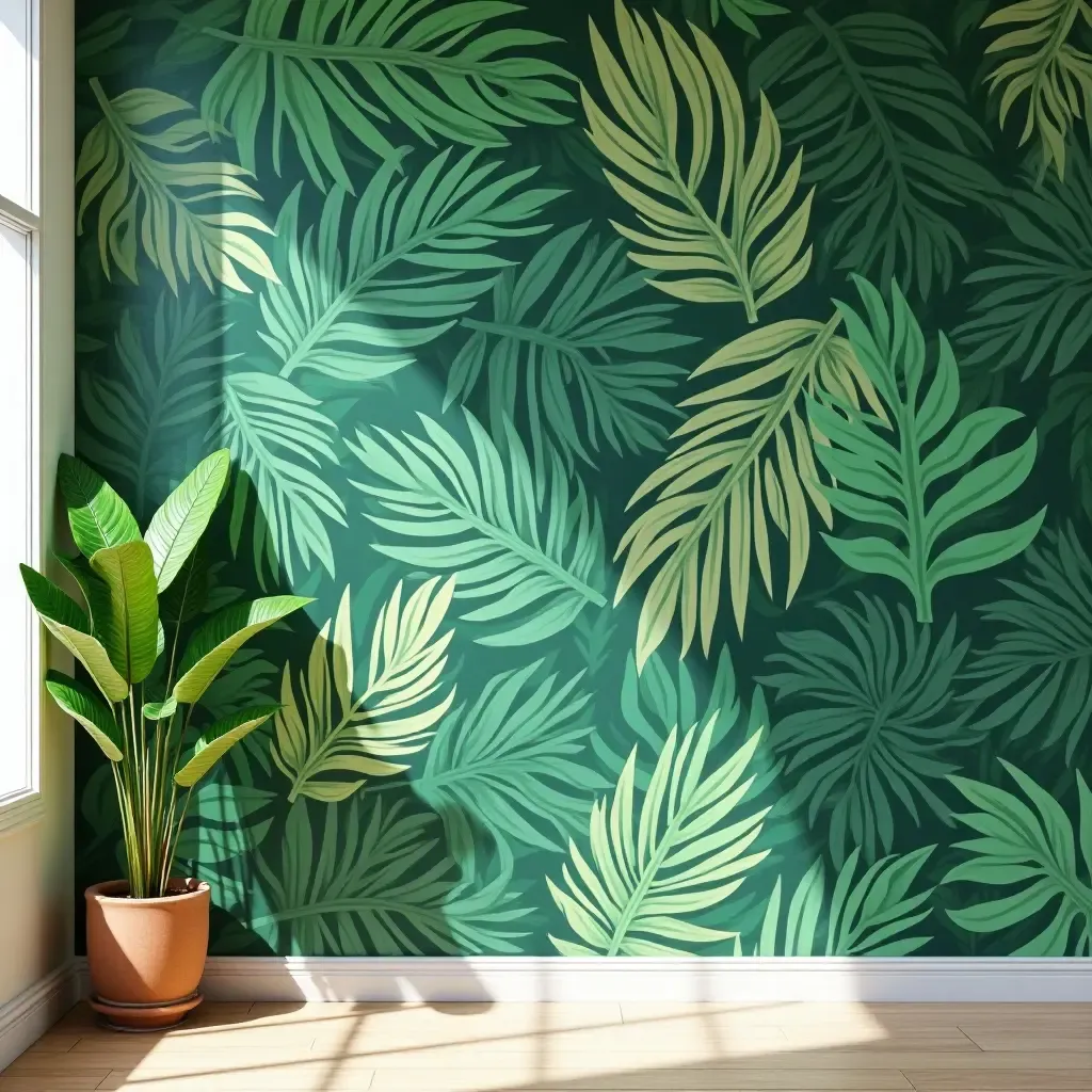 a photo of a vibrant mural of tropical leaves in a bright room