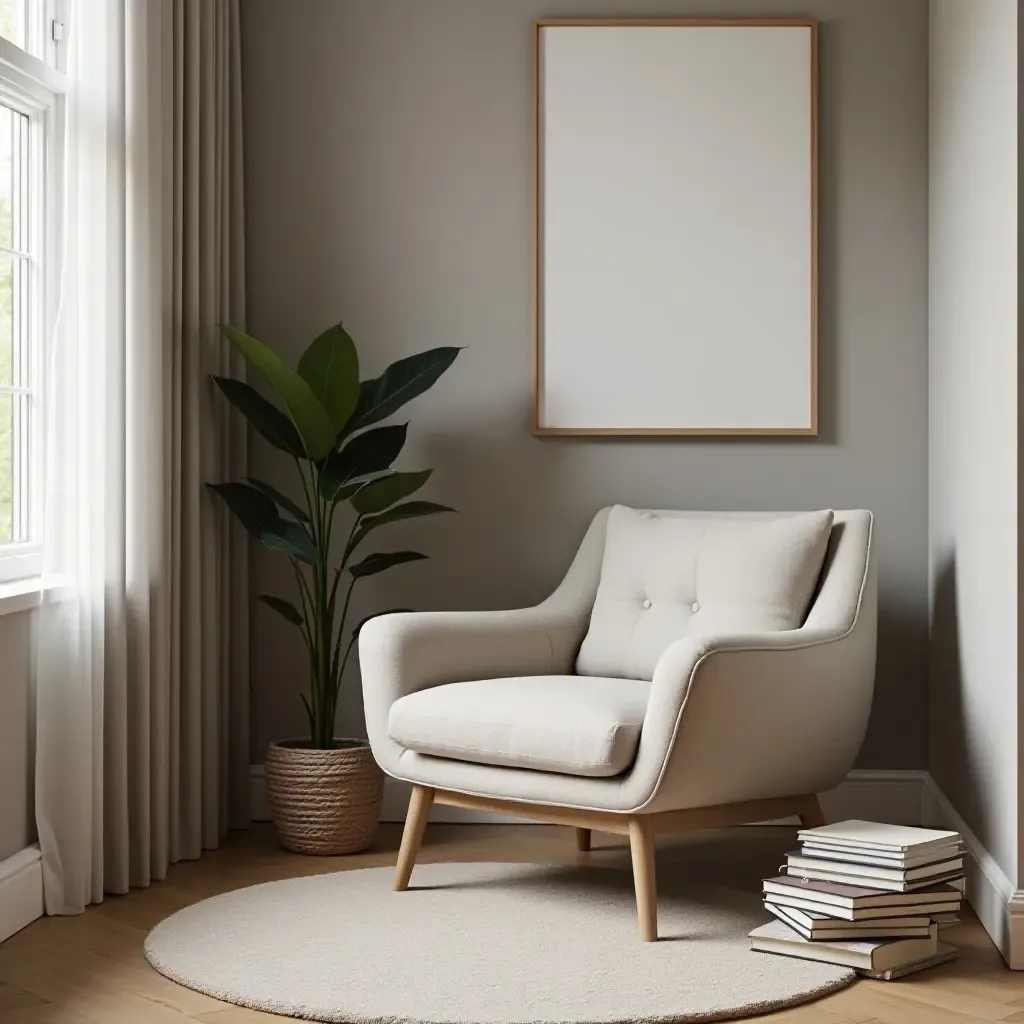 a photo of a chic nook with a modern chair and a stack of books