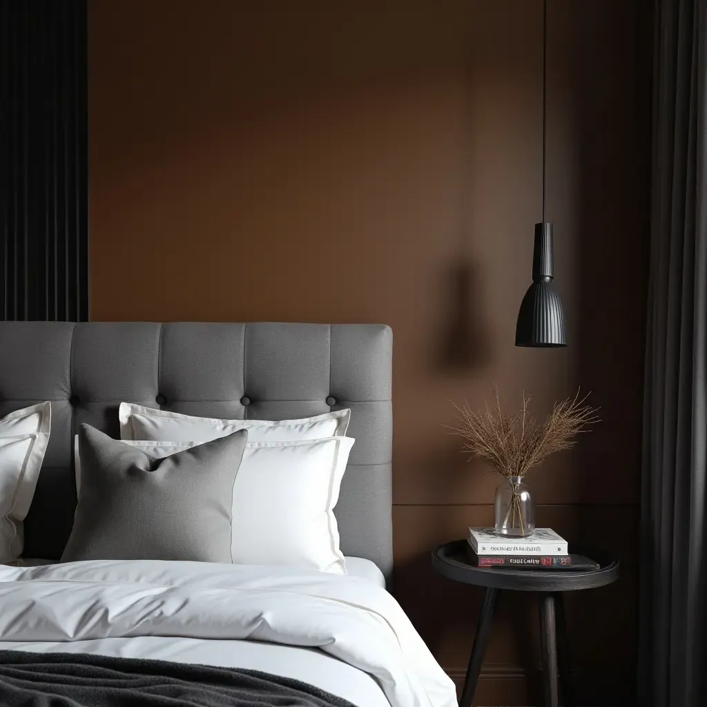 a photo of a grey headboard against a bold accent wall for dramatic effect